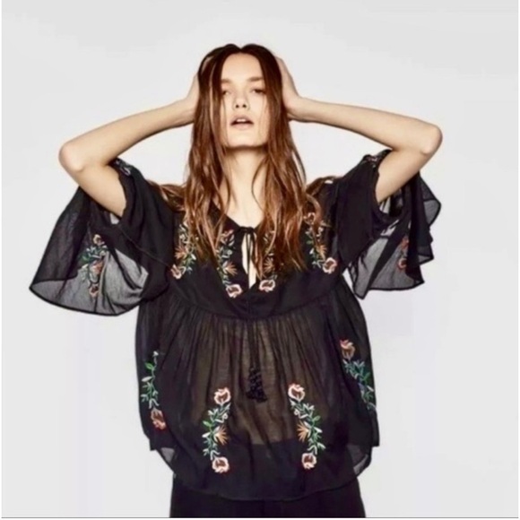 Zara Tops - ZARA Trafaluc Sheer Black Floral Embroidered Whimsygoth Top Bell Sleeve Size XS